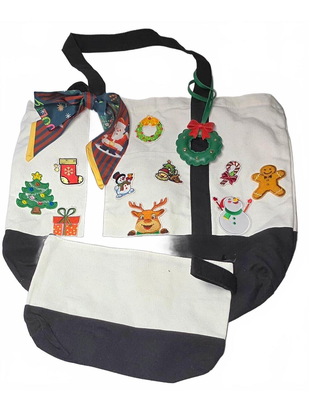 Peek-A-Boo Rudolph Christmas Canvas Tote Bag with Matching Pouch & Holiday Charm